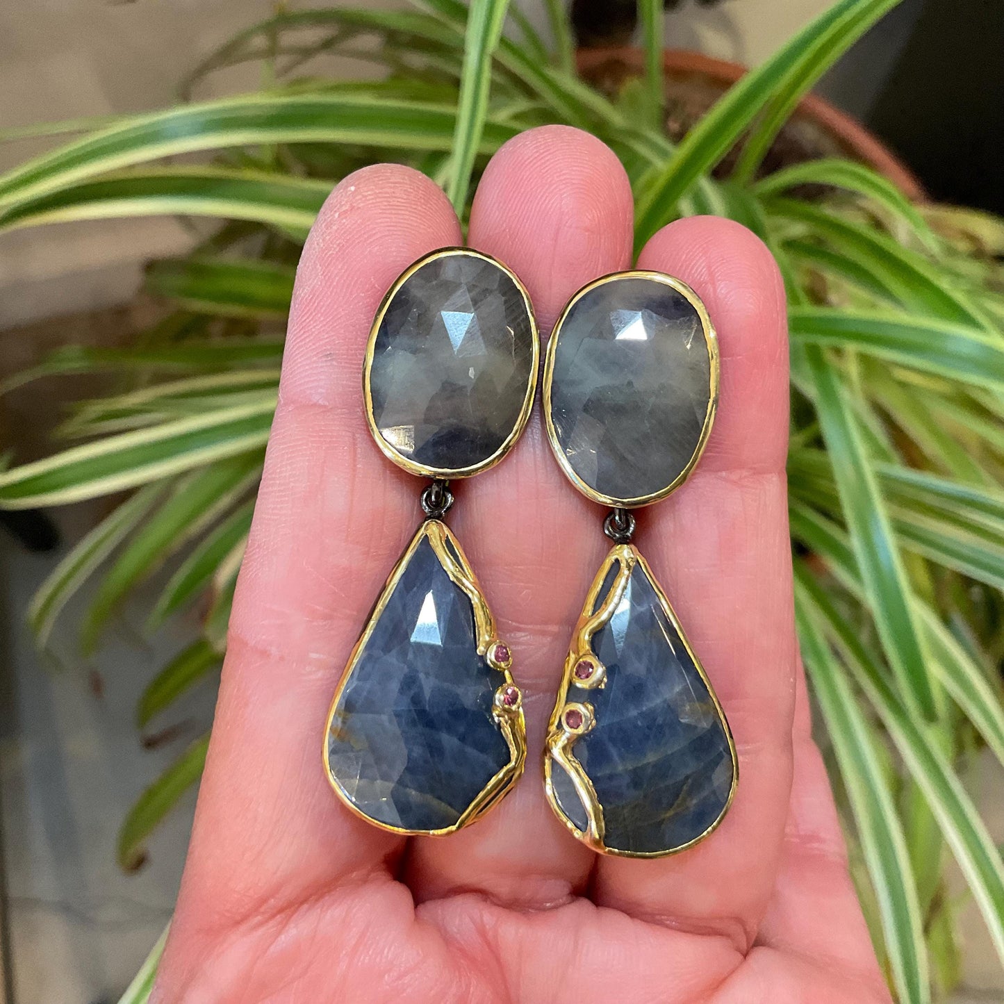 sterling silver statement natural sapphire rhodolite dangle earrings