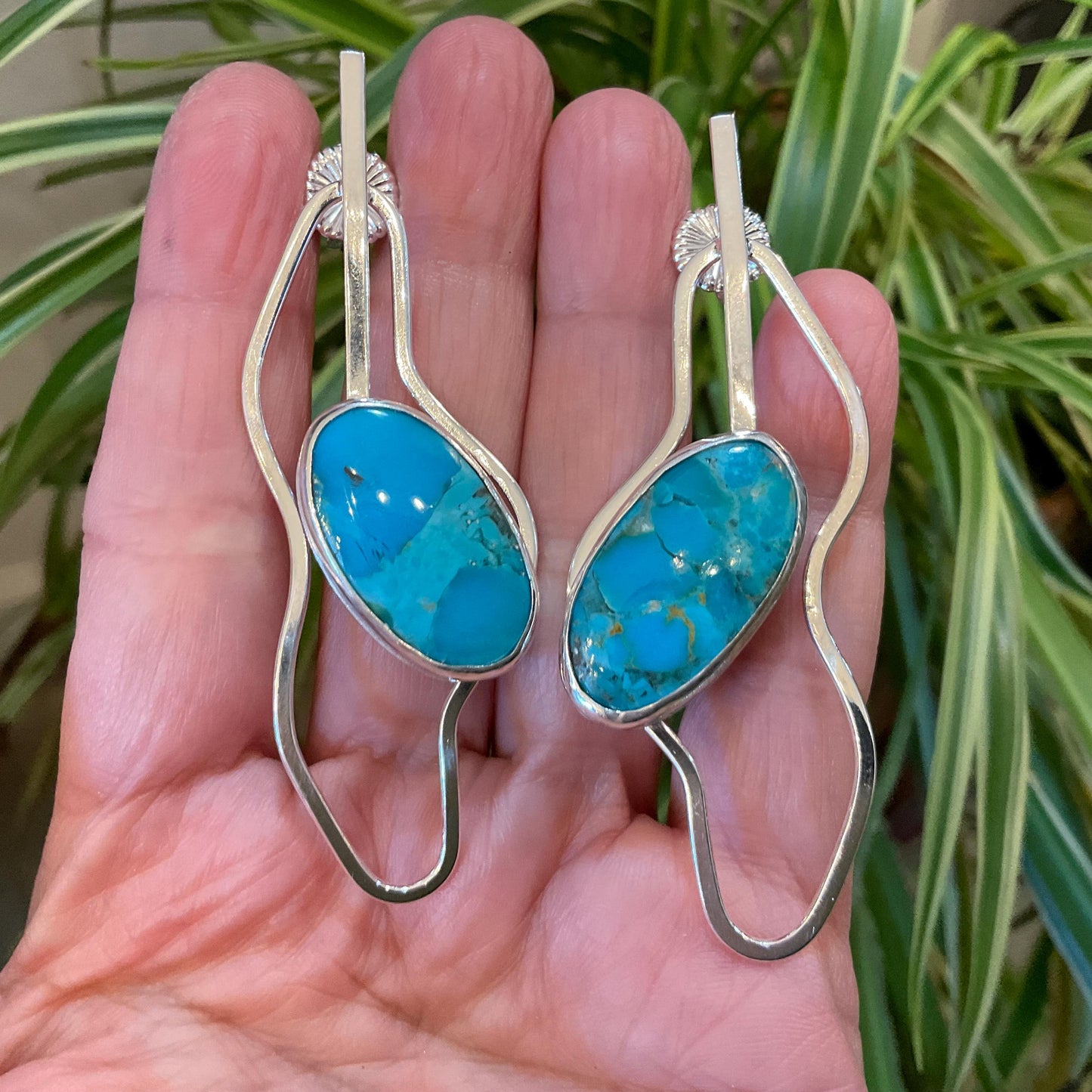 Sterling Silver large kingman turquoise modernist post earrings 3” Colors Of Etnika