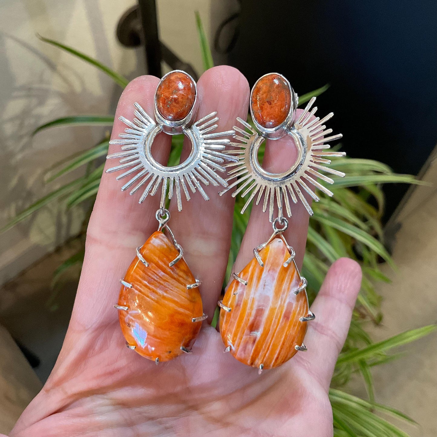 Sterling Silver large orange spiny oyster coral sunburst dangle earrings 3”