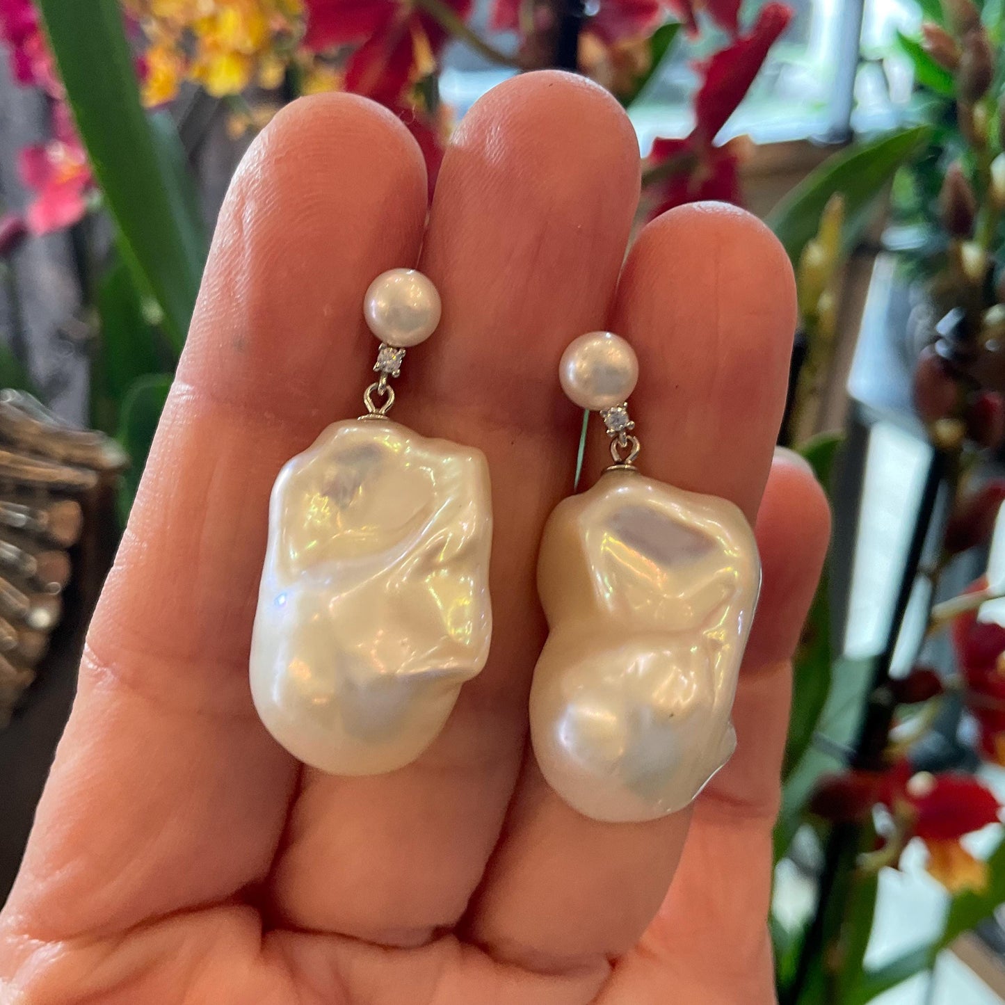 Sterling Silver white natural organic baroque pearl dangle Earrings