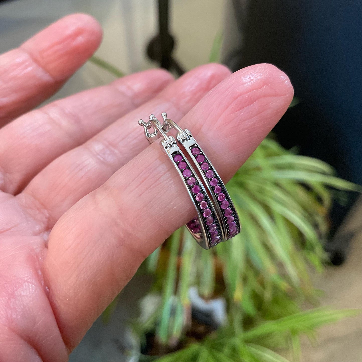 sterling silver Diamond Cut pink Sapphire small hoop earrings