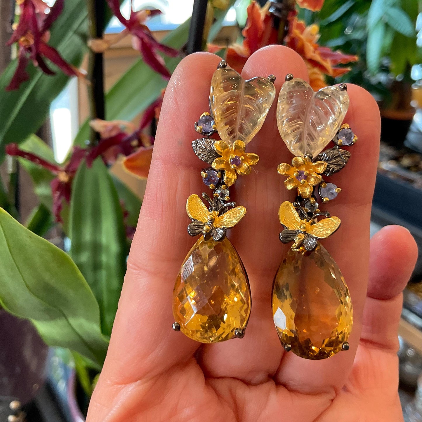 Sterling silver tear shape citrine fancy cut dangle carved butterfly earrings