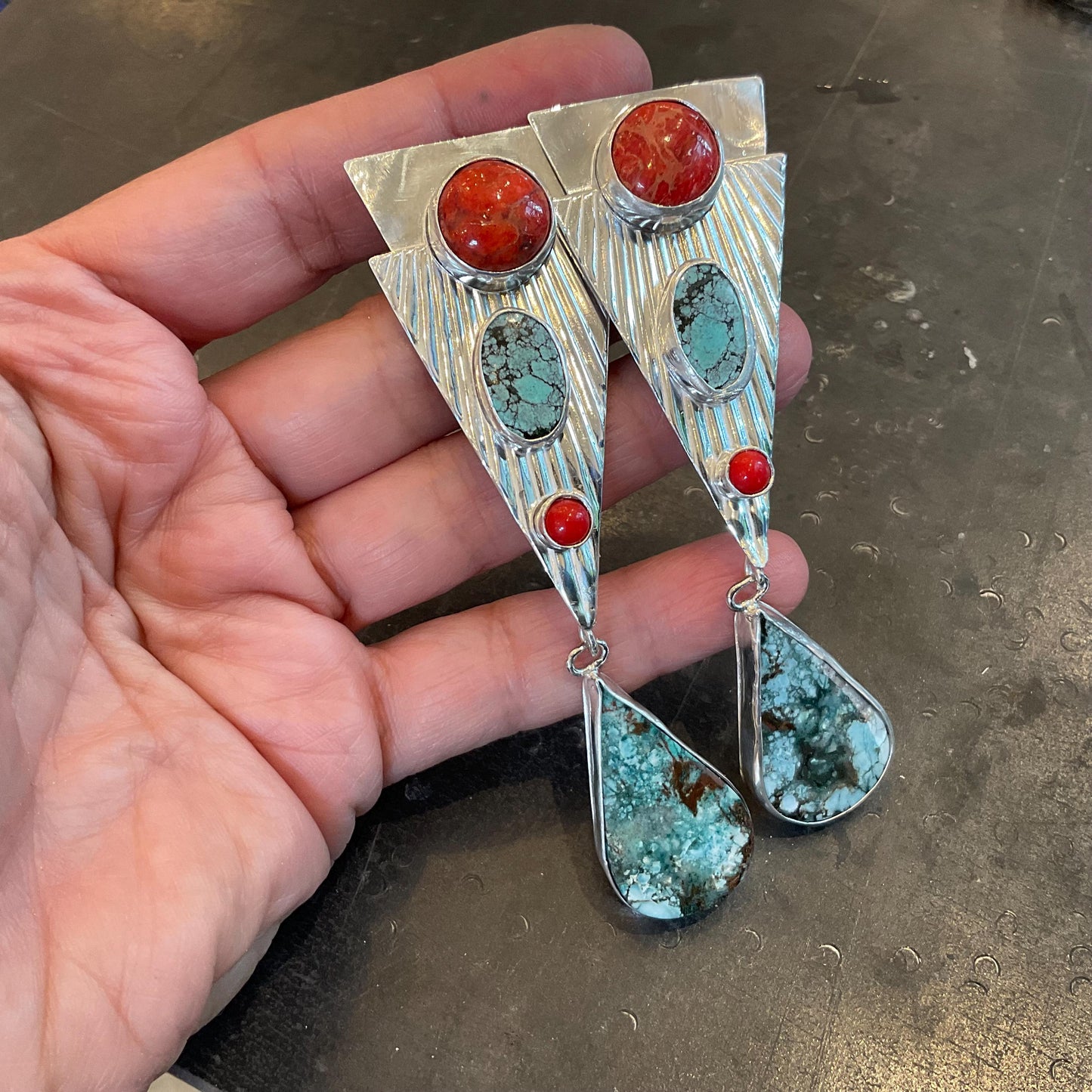 Sterling Silver turquoise coral art deco 3.5” long dangle earrings