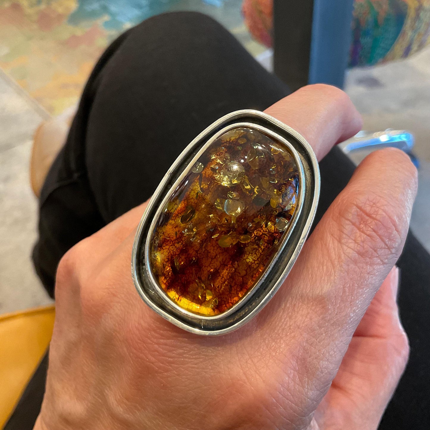 sterling silver modernist OOAK amber Statement ring adjustable cuff