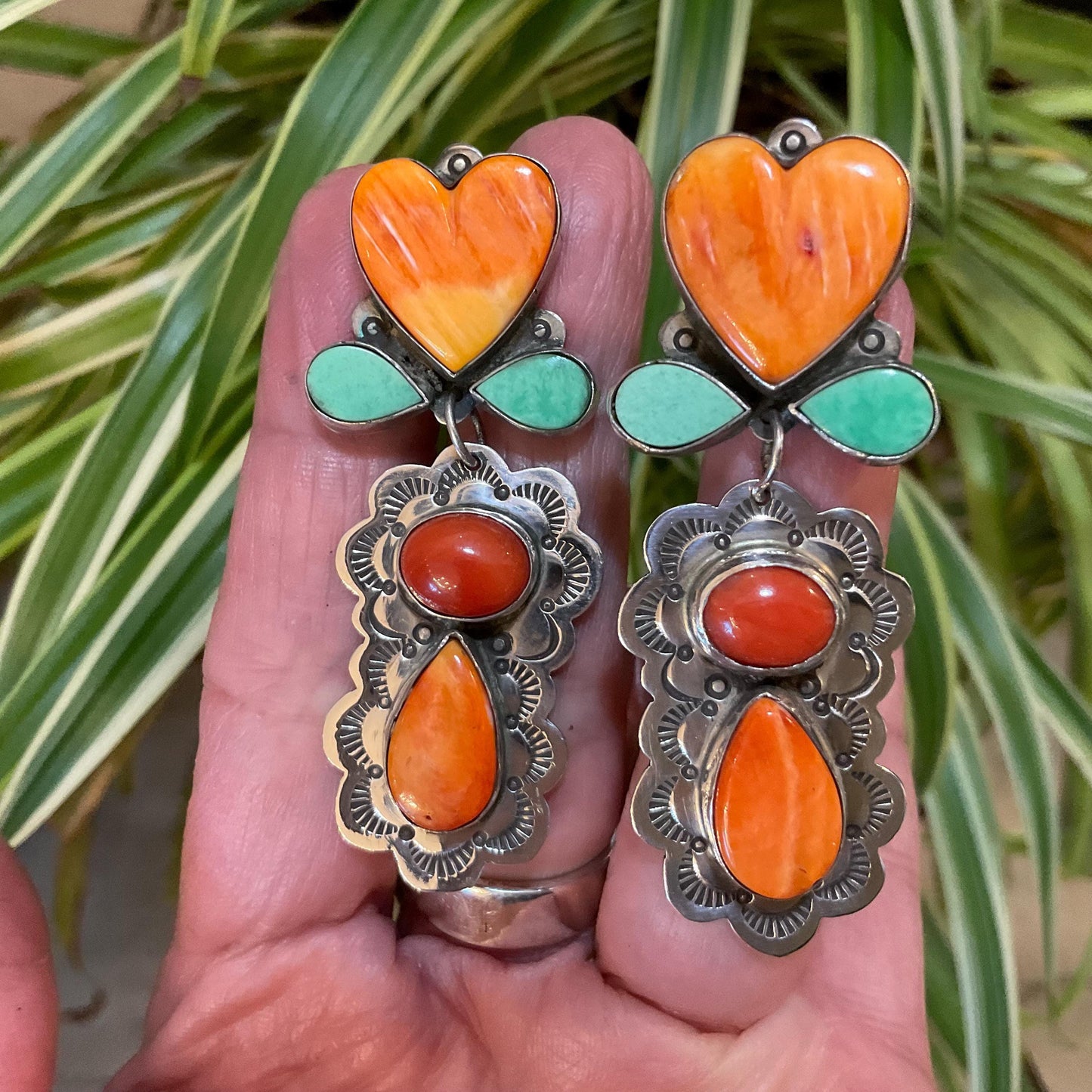 Sterling Silver coral Spiny oyster large heart turquoise Native American earrings