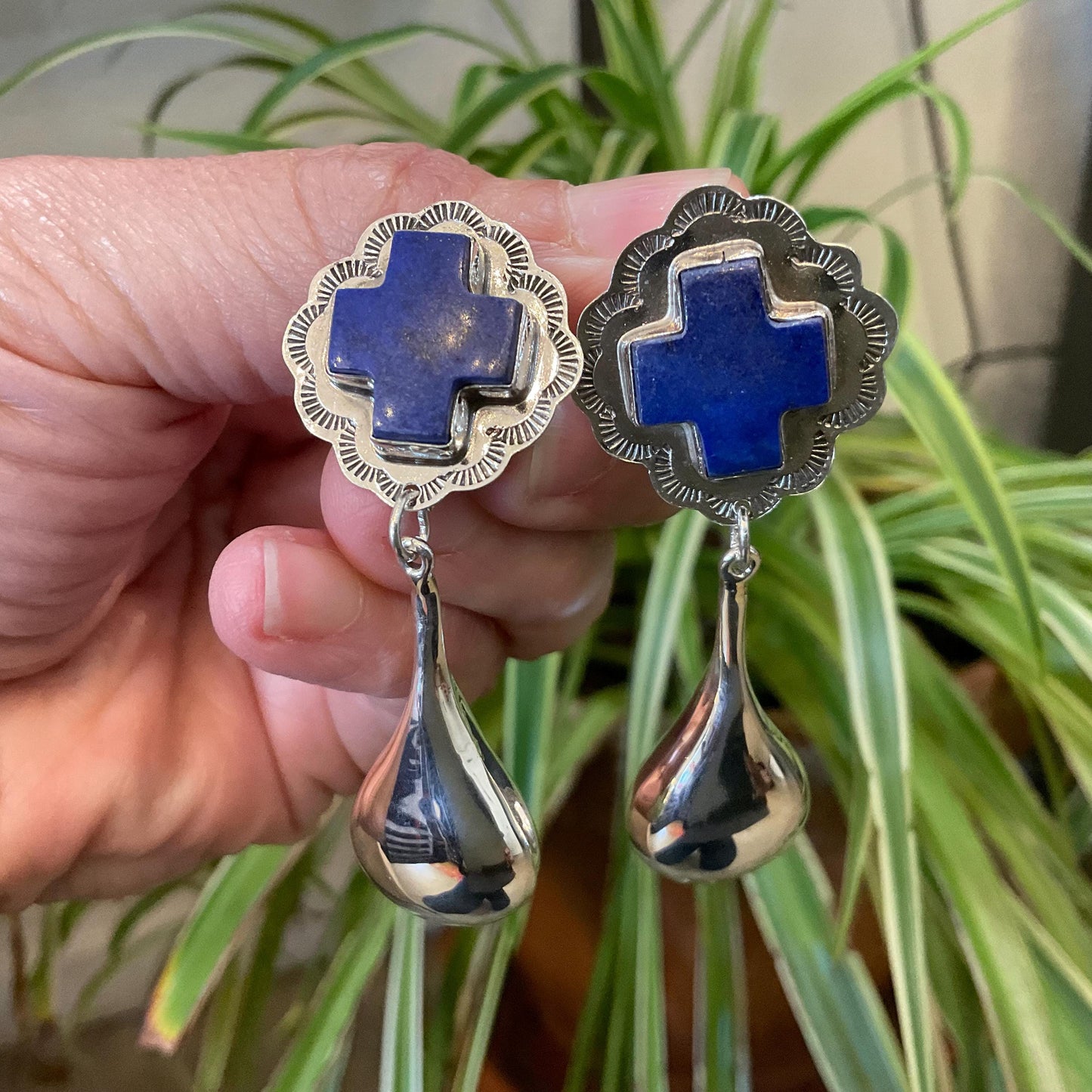 sterling silver dangle lapis lazuli cross water drops Earrings