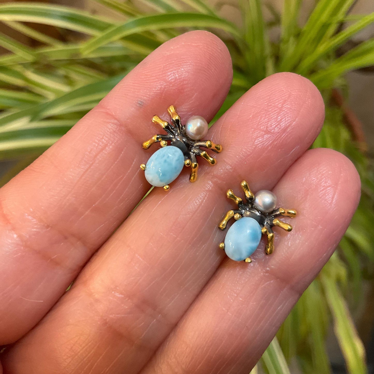 sterling silver Natural park Larimar Spider stud earrings