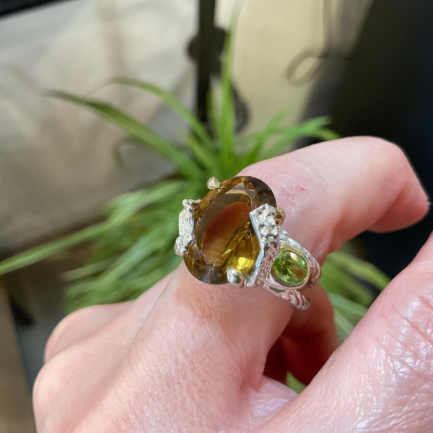 sterling silver cognac quartz peridot cable citrine statement ring 7