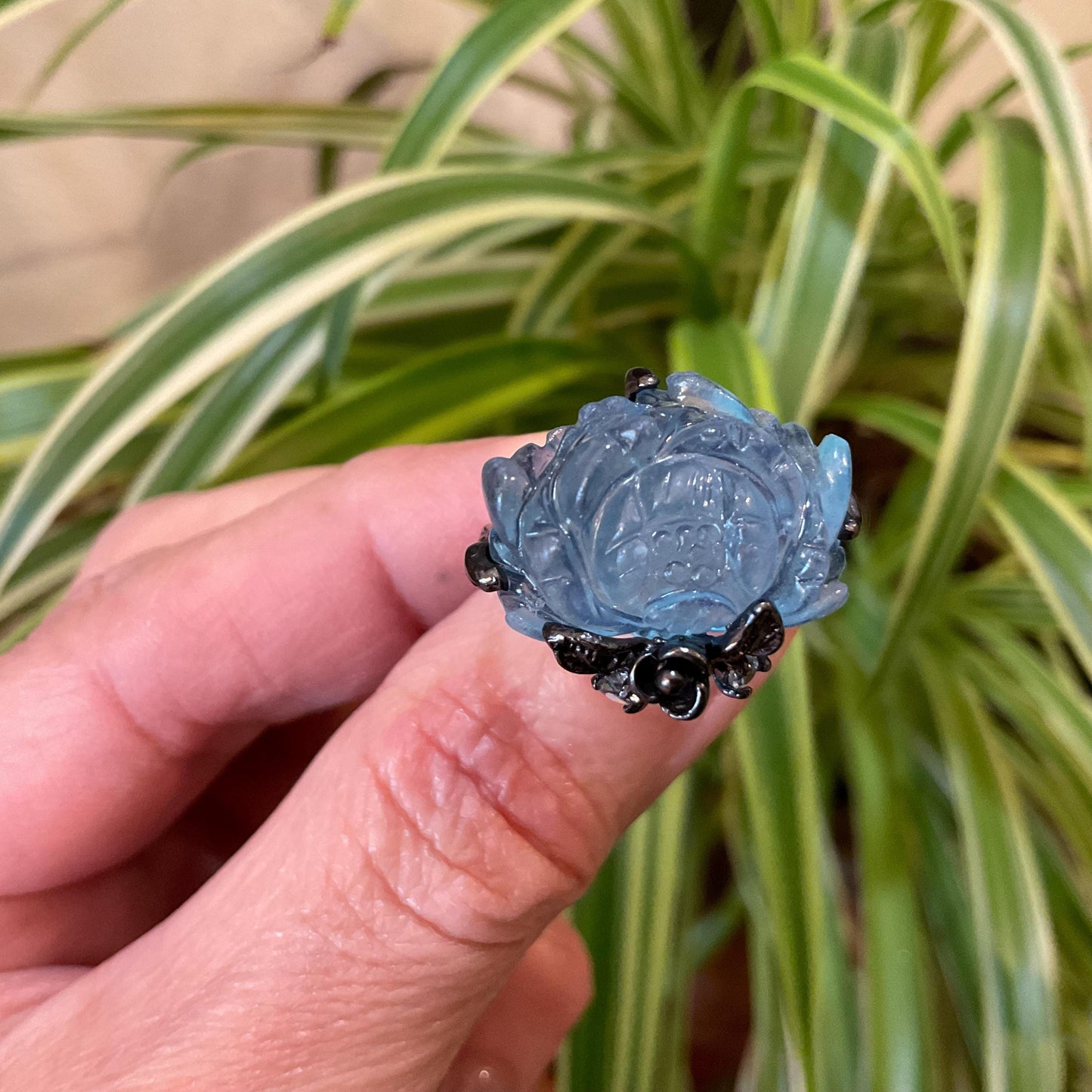 Sterling Silver Handmade Aquamarine carved rose ring 8