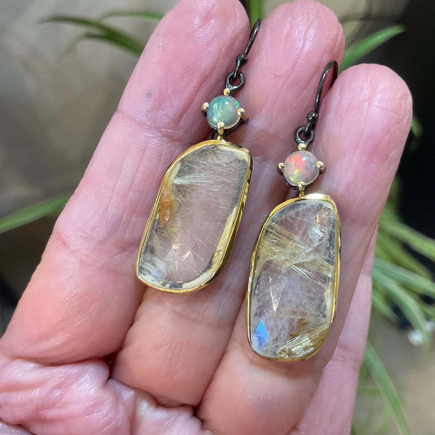 sterling silver statement rutilated quartz golden ribbon opal dangle earrings