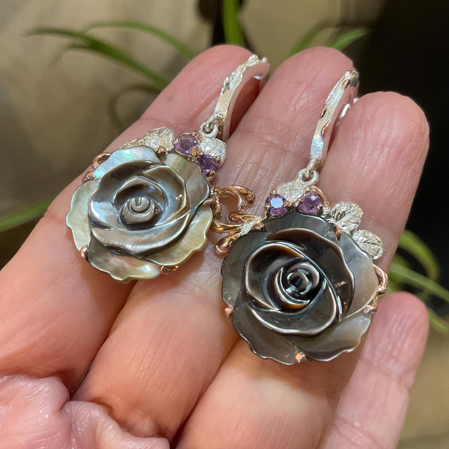 Sterling silver carved mother of pearl rose amethyst Earrings