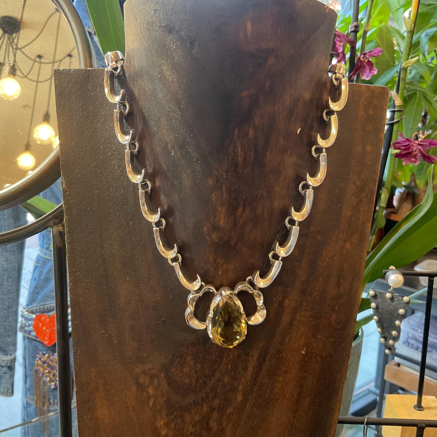 Sterling silver statement modernist vintage citrine necklace collar