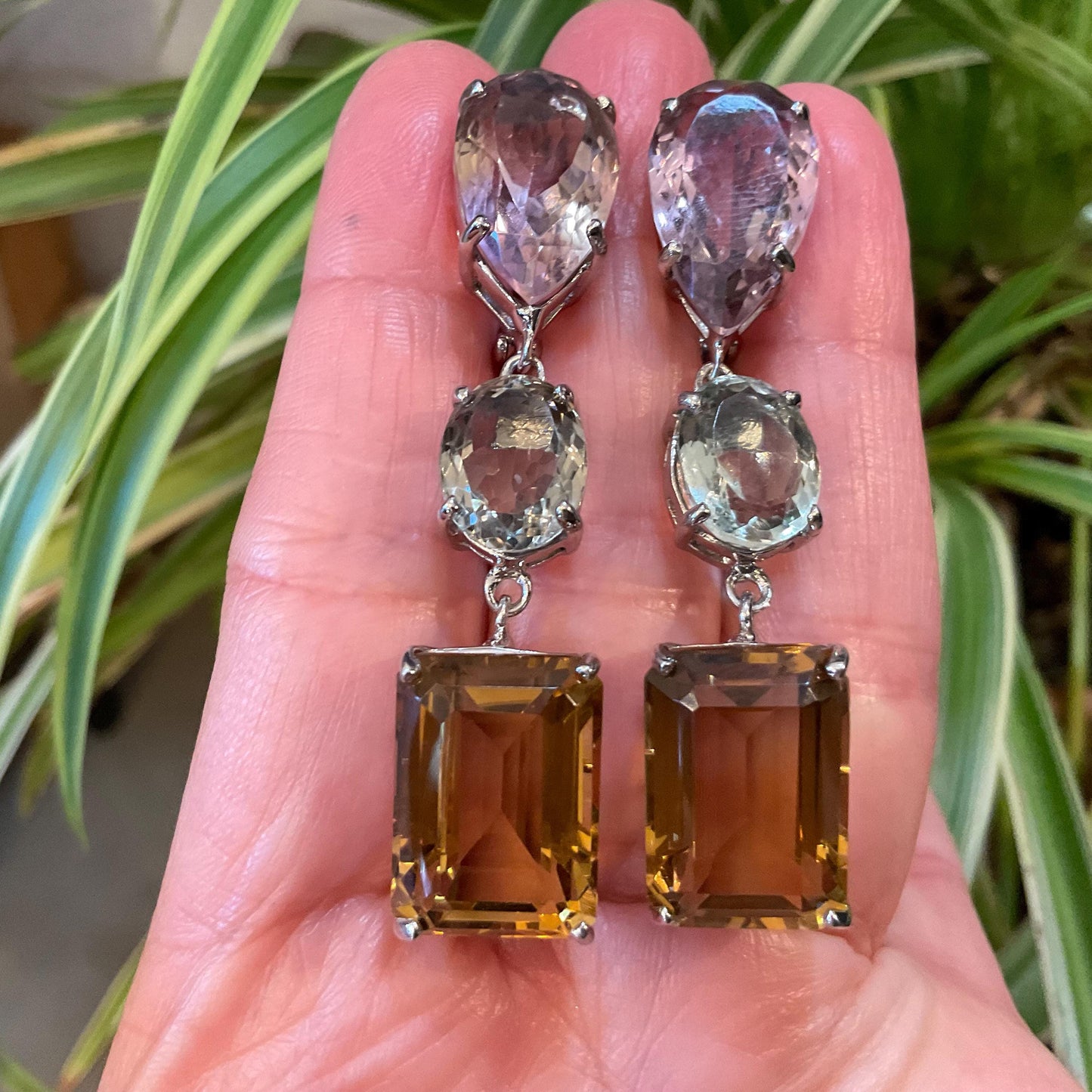 Sterling silver pear shape Ametrine citrine green amethyst dangle fancy earrings