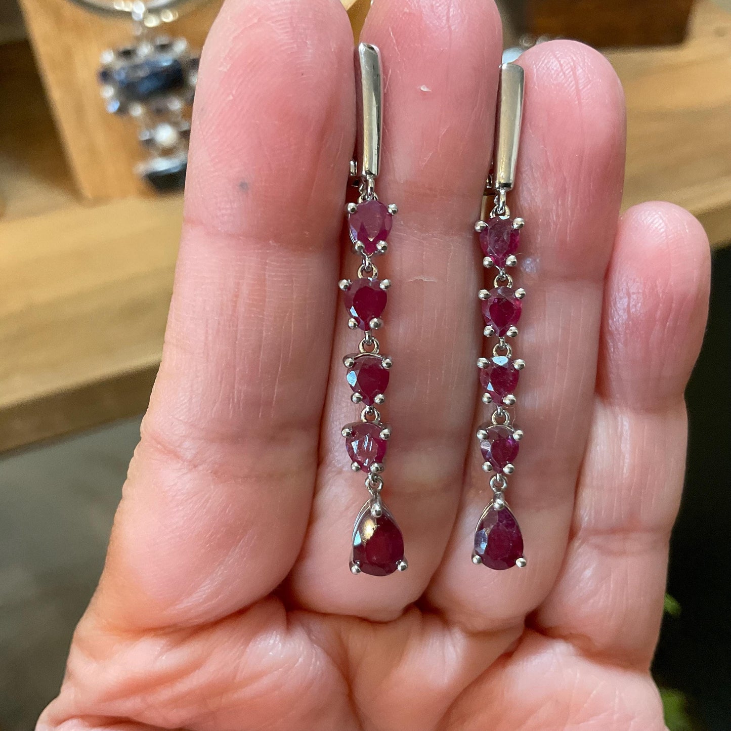 Sterling Silver Natural red ruby long pear shape dangle earrings