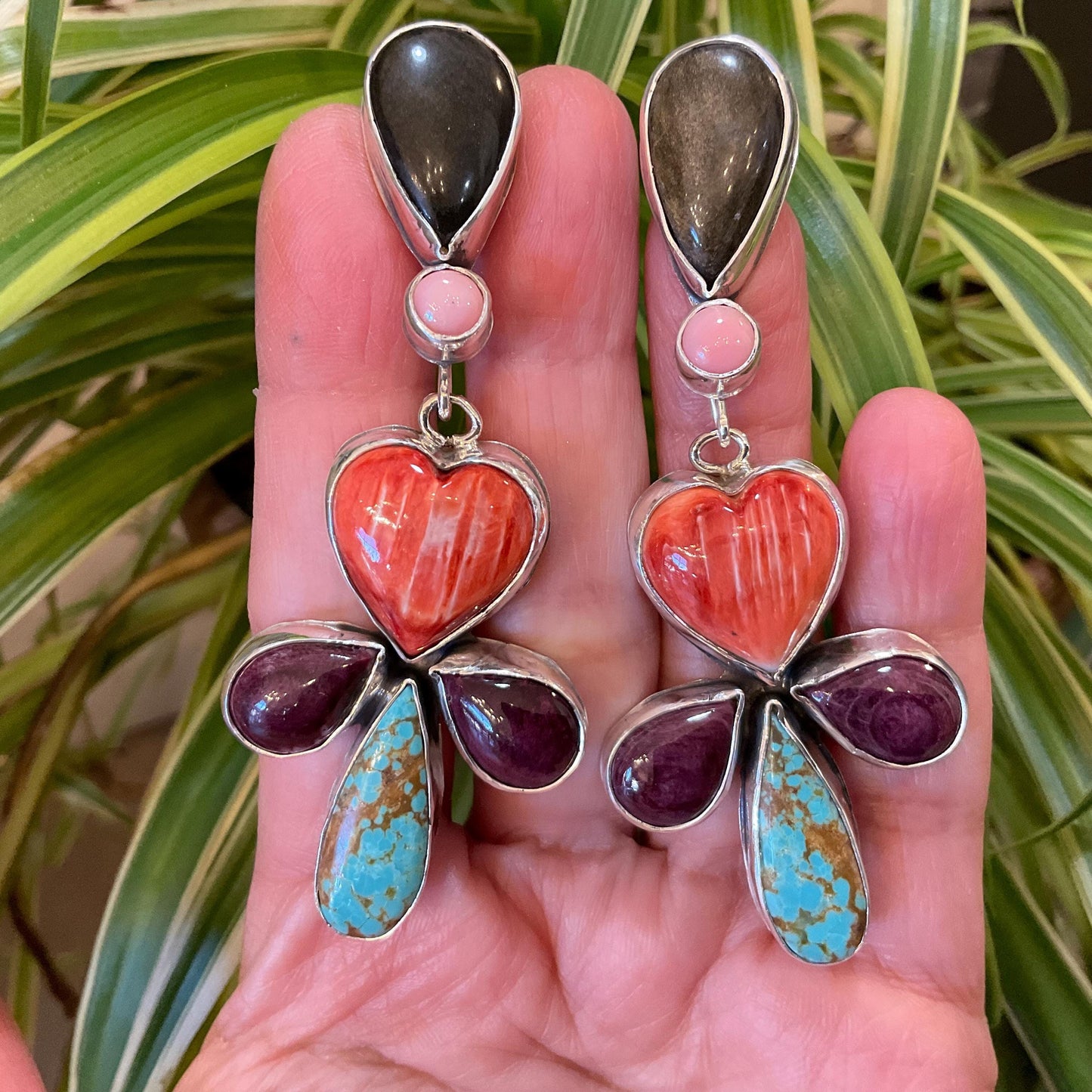 Sterling Silver turquoise spiny oyster conch heart post earrings