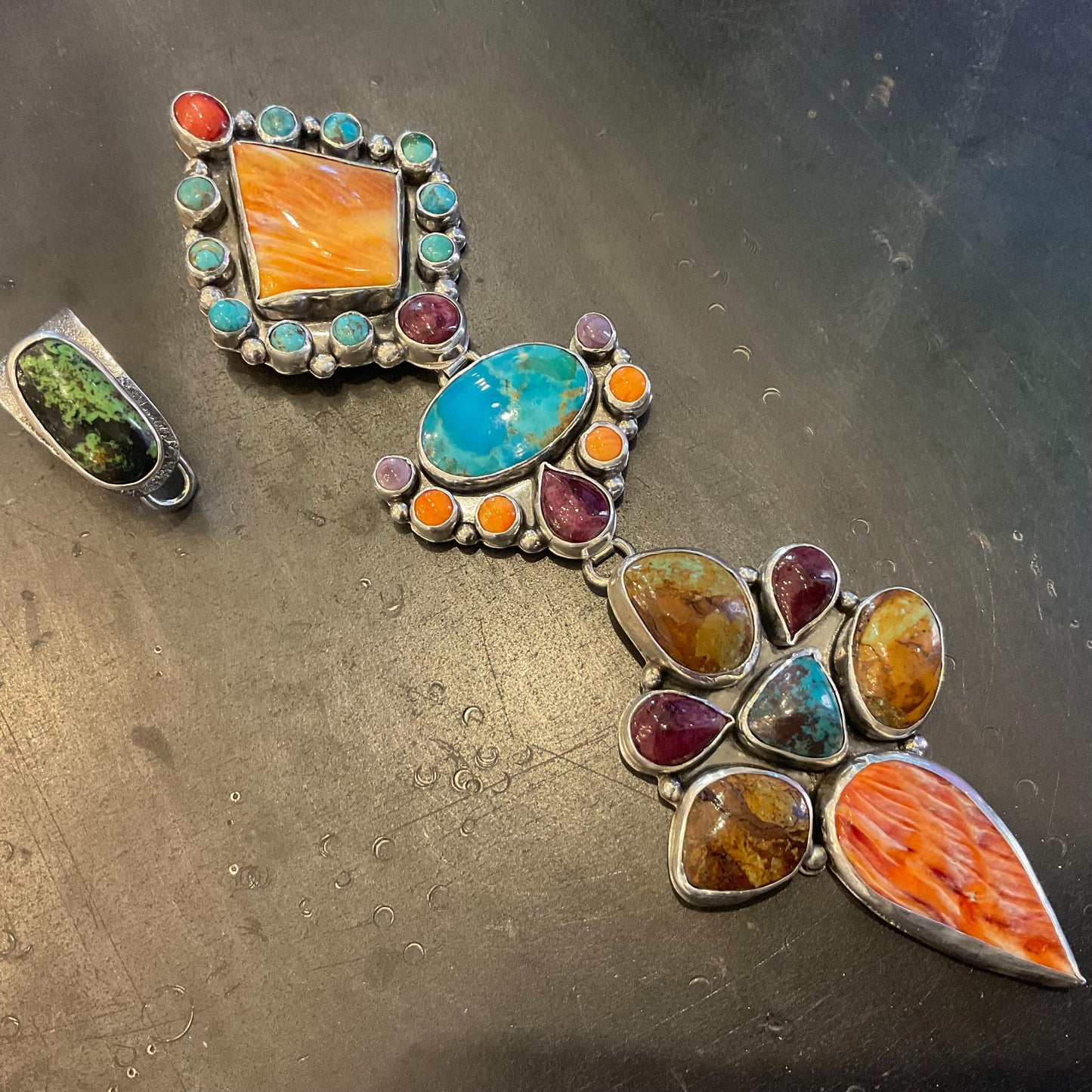 Sterling silver turquoise spiny oyster large enhancer pendant