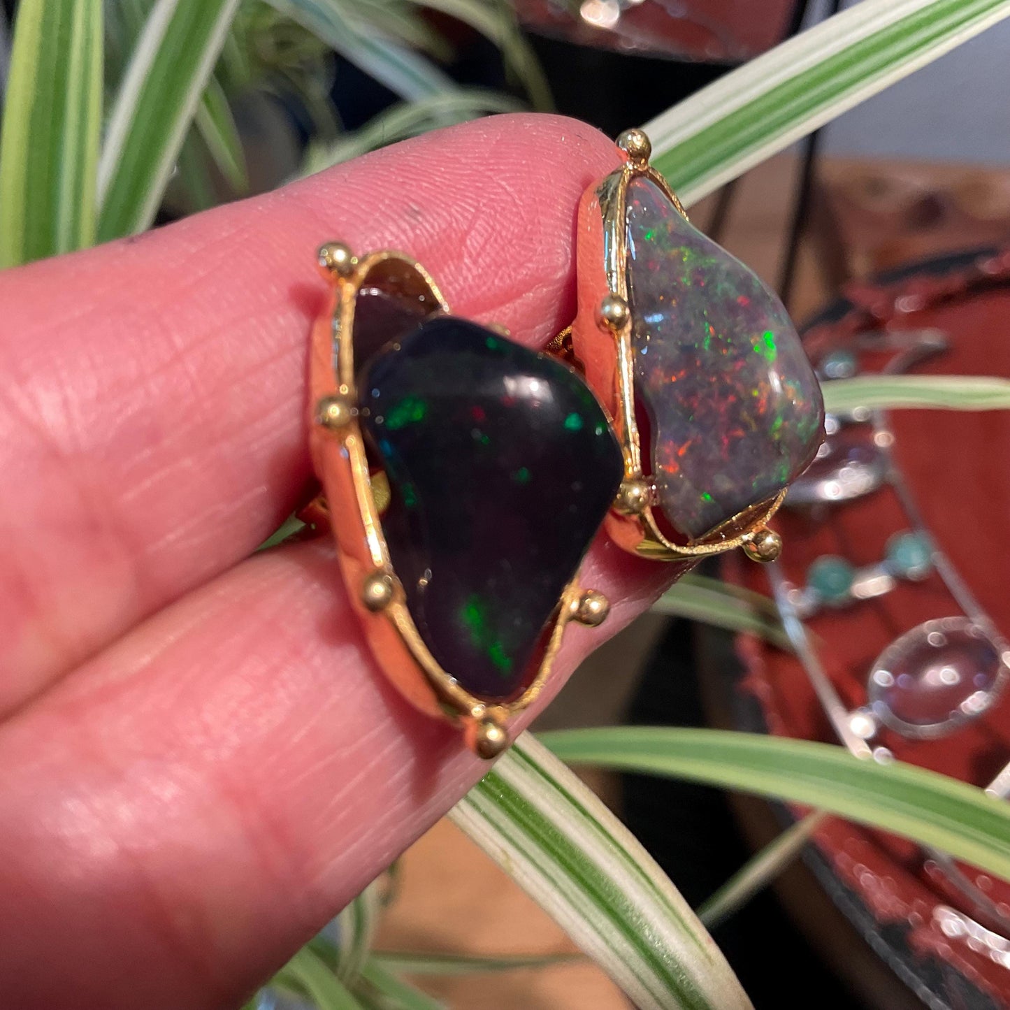 Sterling Silver Natural black fire Opal heirloom asymmetrical stud Earrings