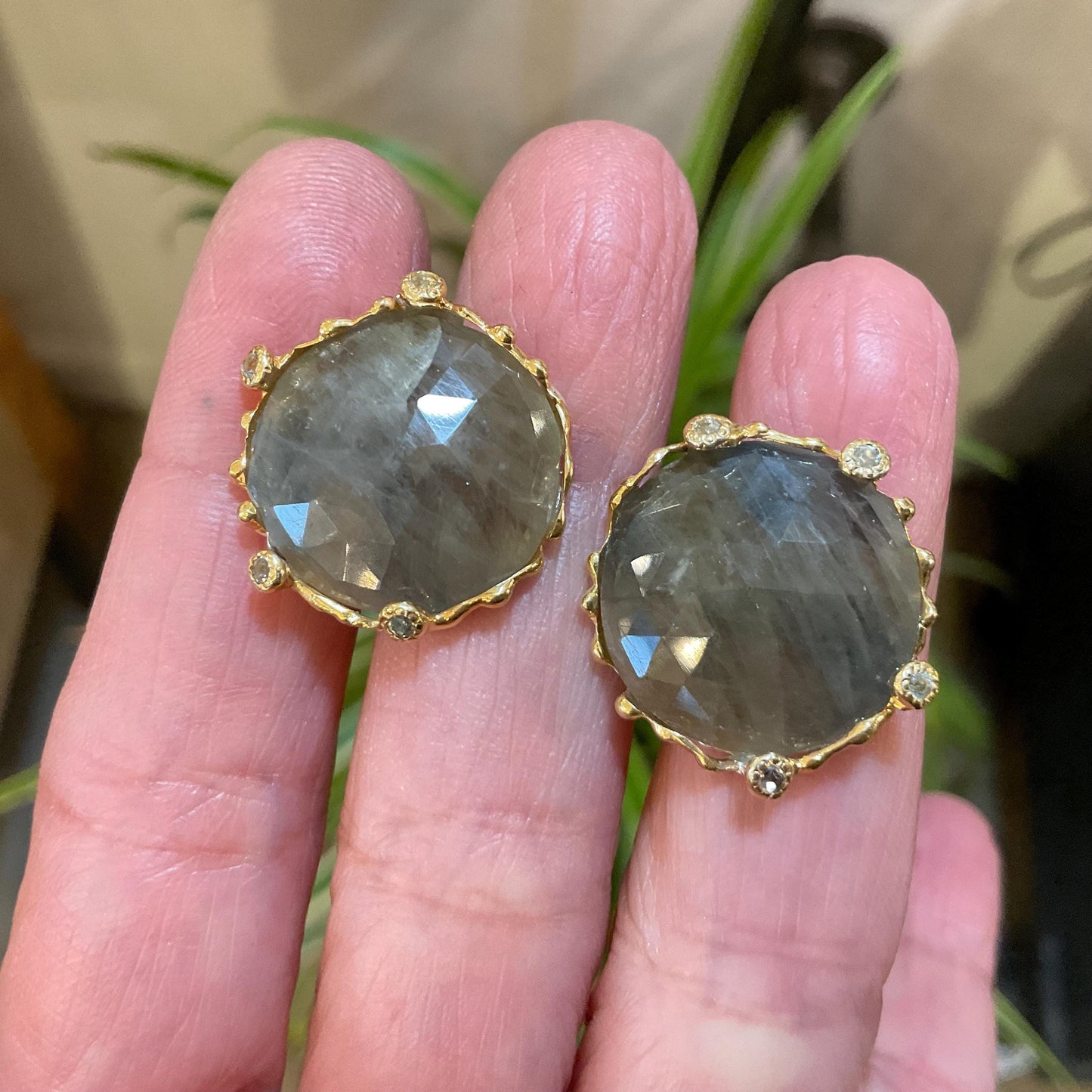 sterling Silver natural sapphire large round post statement Earrings