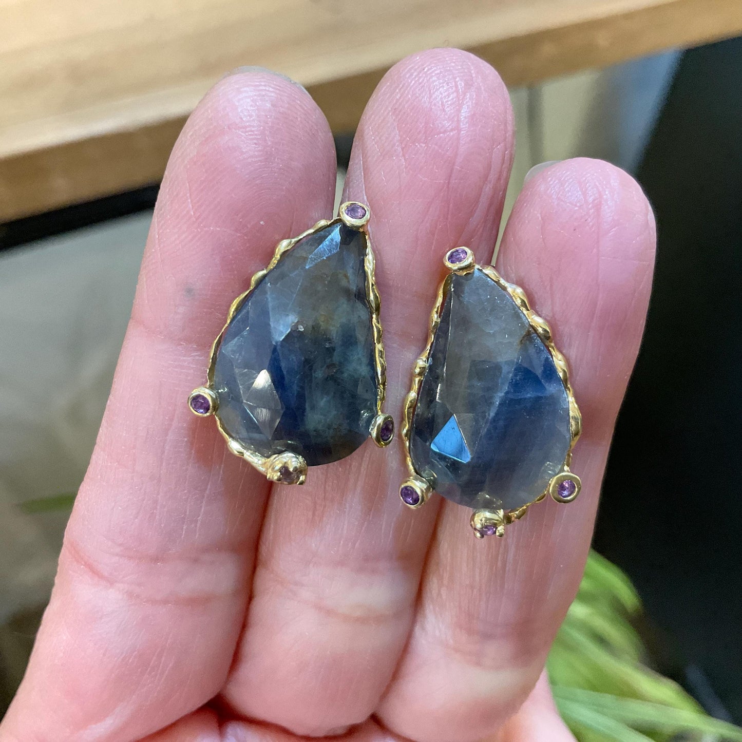 sterling Silver natural blue sapphire large amethyst post statement Earrings