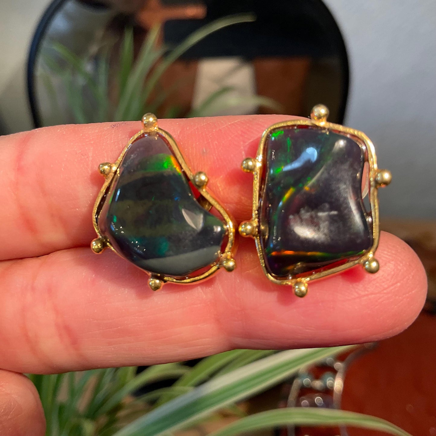 Sterling Silver Natural black fire Opal heirloom large asymmetrical stud Earrings