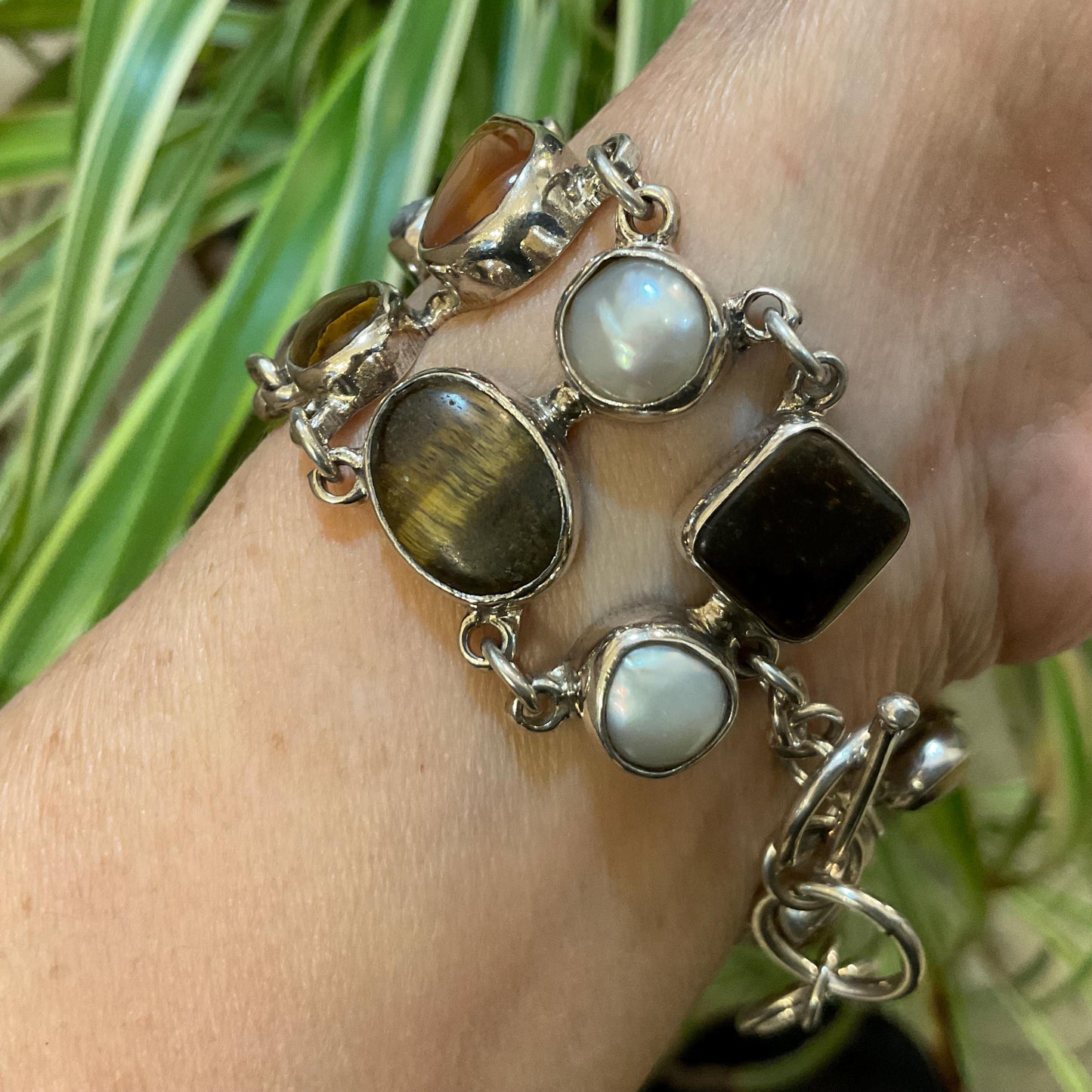 sterling silver statement druzzy carnelian quartz pearl tiger eye Bracelet