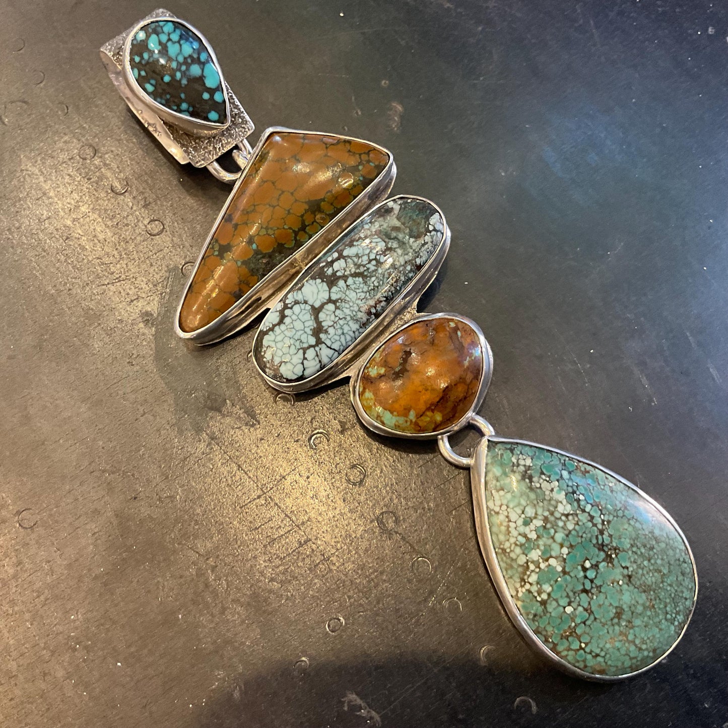 Sterling silver mix turquoise enhancer statement 5” organic pendant Colors Of Etnika