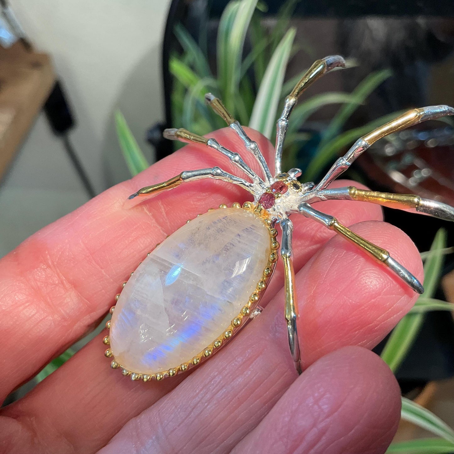 Sterling silver natural moonstone brooch pendant pin spider Colors Of Etnika