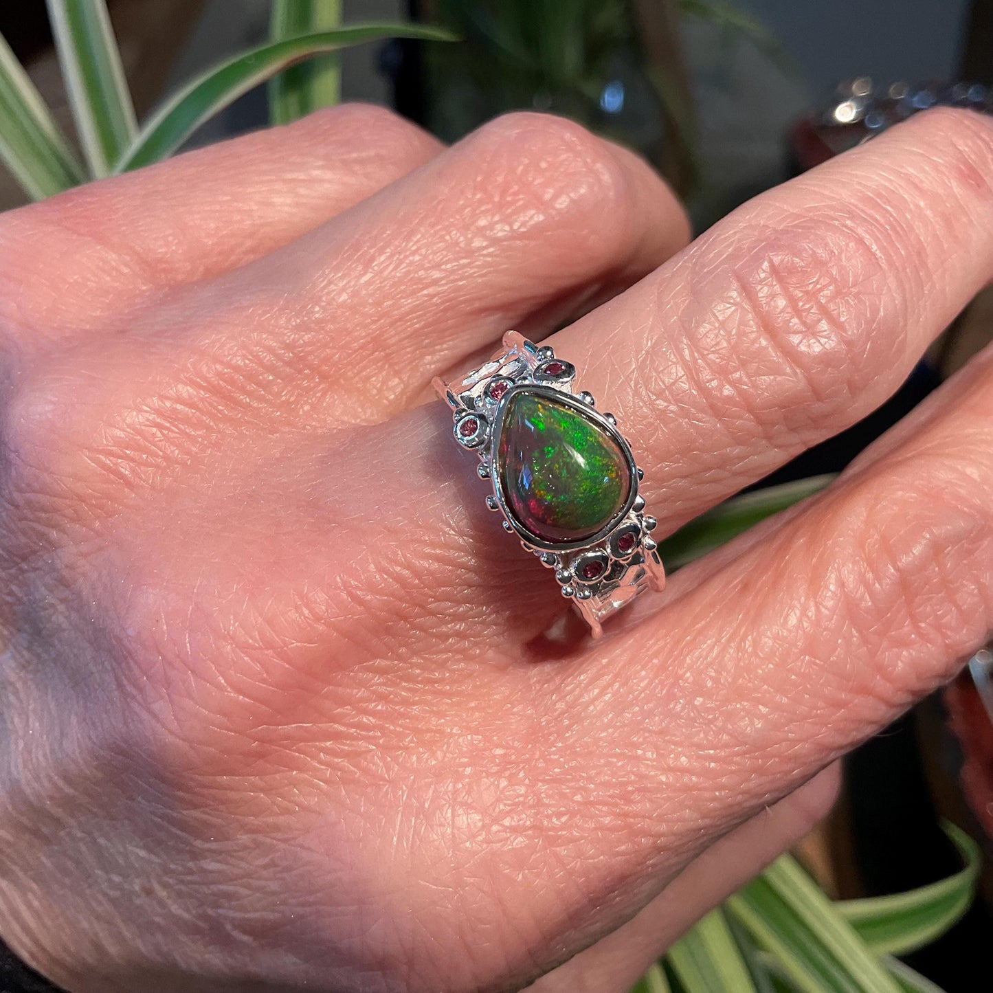 Natural black fire opal rhodolite Sterling Silver Ring 8 Colors Of Etnika