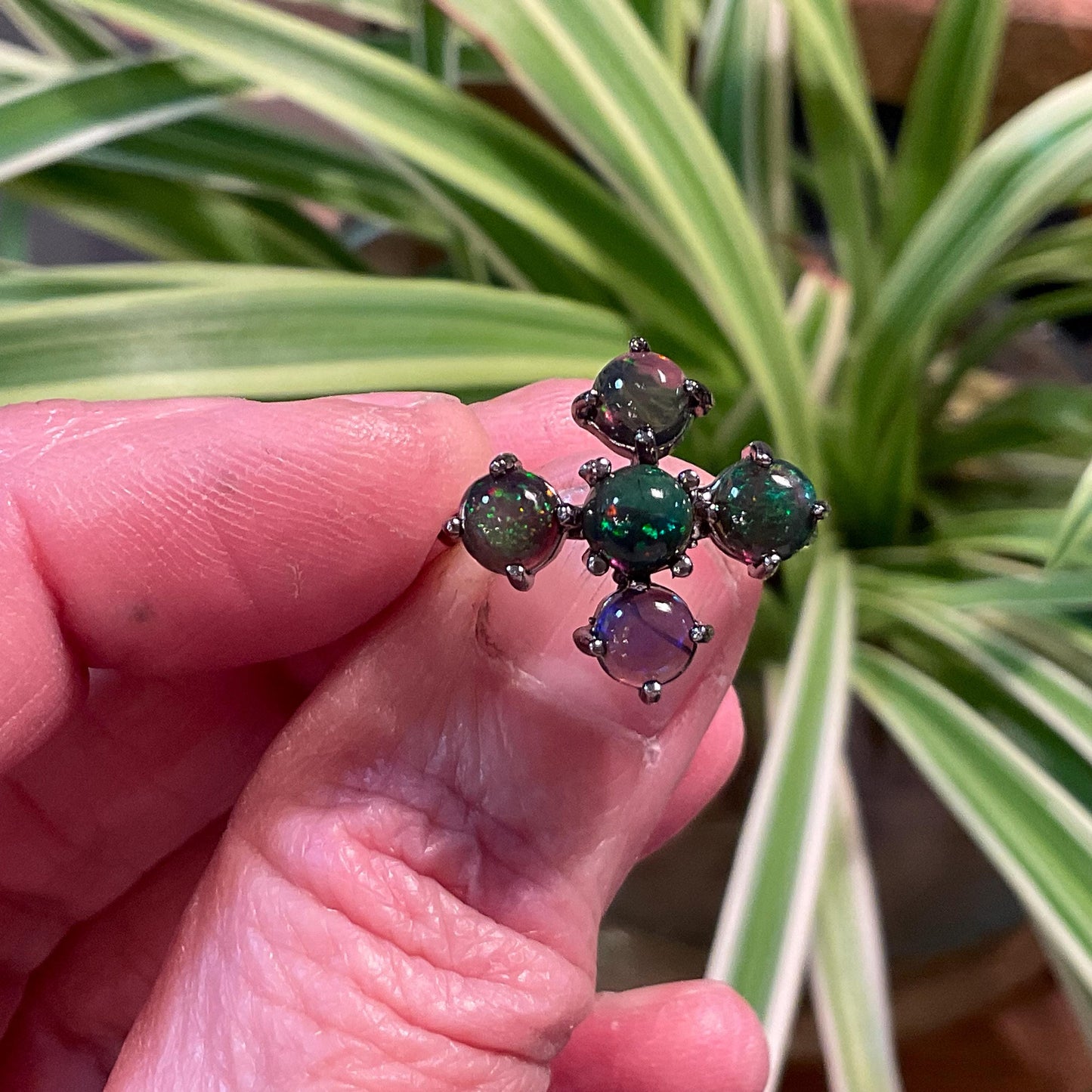 Sterling Silver Black flash black Opal Cross Ring Size 6.5 Colors Of Etnika