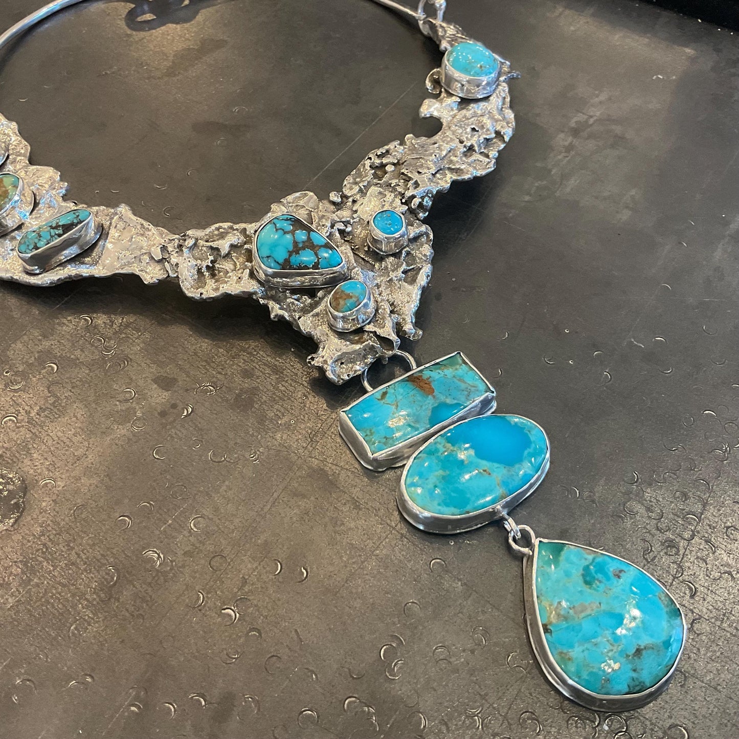 Sterling silver natural turquoise brutalist artisan choker necklace Colors Of Etnika