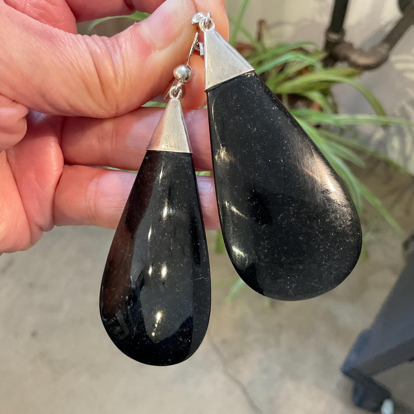 Sterling Silver natural black Guatemalan jade large dangle Earrings Colors Of Etnika