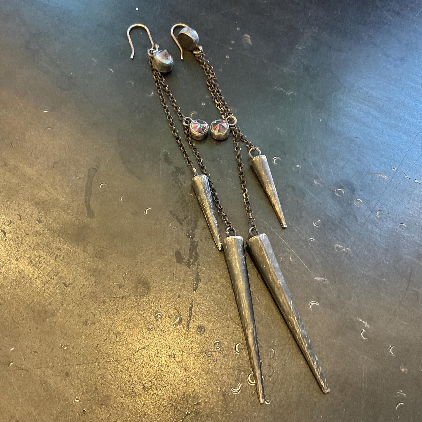 Sterling Silver Rebel black quartz spike long Earrings 6” Colors Of Etnika