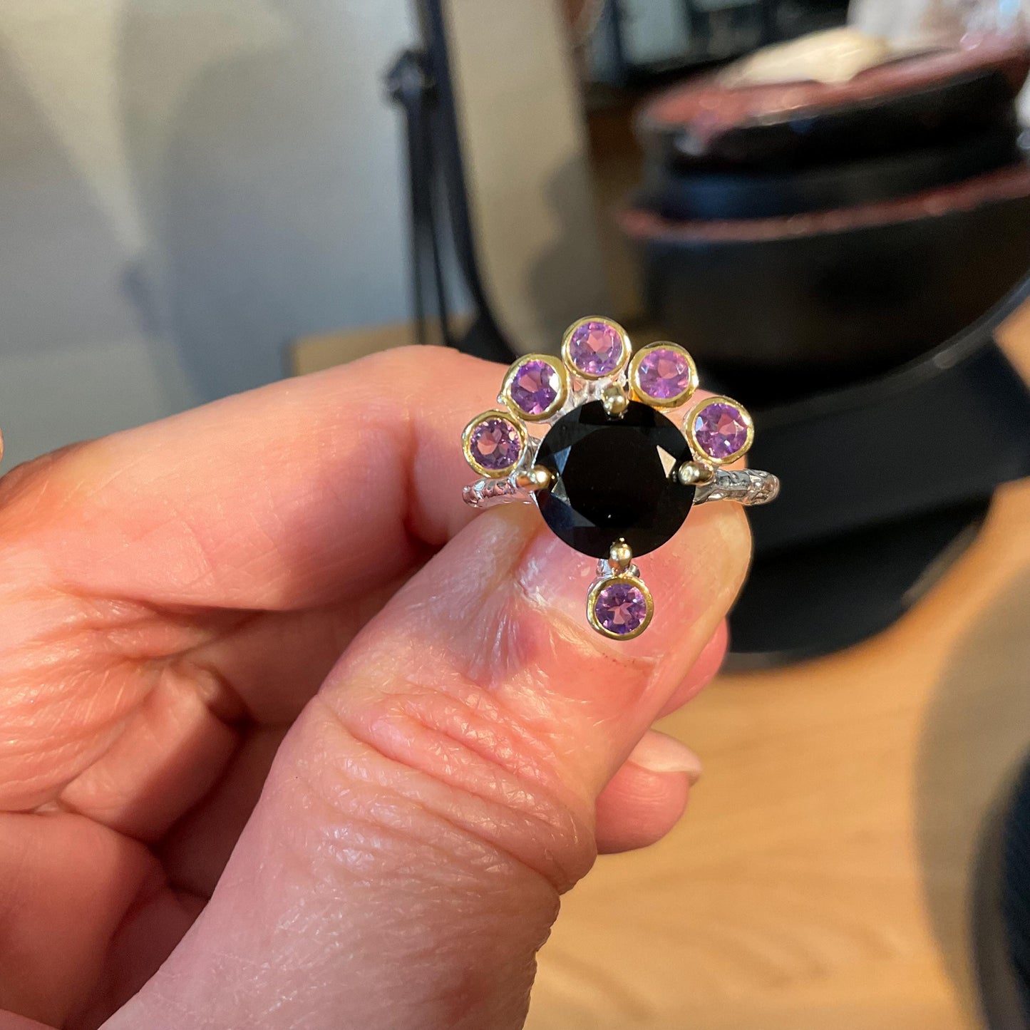 Sterling Silver Handmade natural black spinel amethyst ring 5 Colors Of Etnika