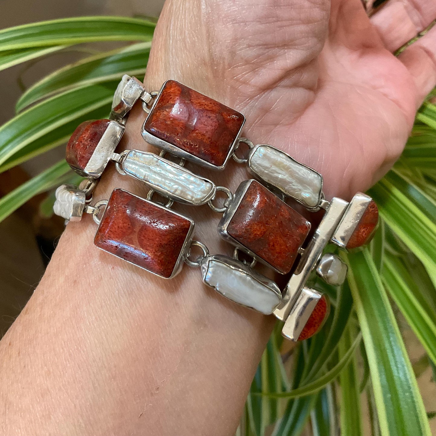 sterling silver statement natural pearl coral Bracelet Colors Of Etnika