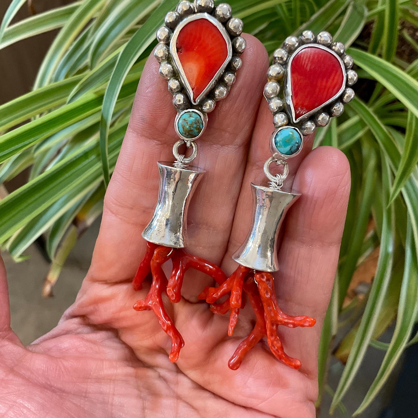 Sterling Silver etnika statement coral turquoise long earrings Colors Of Etnika