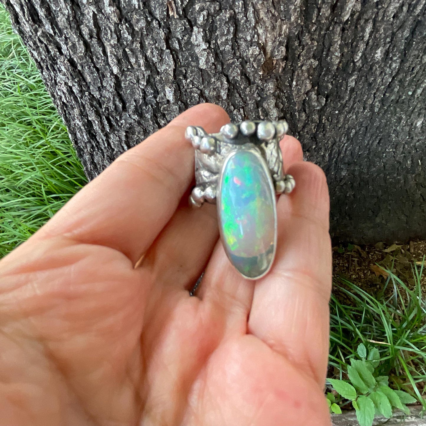 sterling silver Natural rainbow Opal brutalist ring cuff 7-9