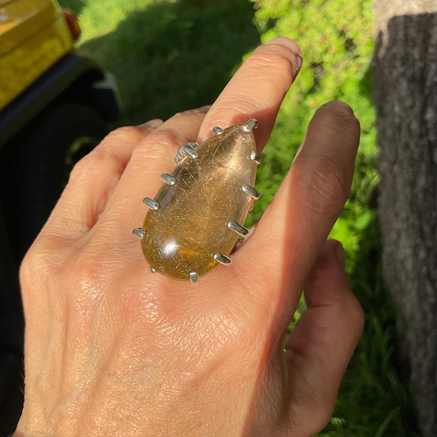 Sterling Statement rutile quartz brutalist Art ring 7-9 Colors Of Etnika