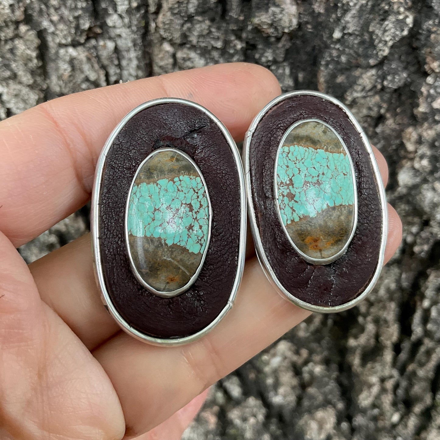 sterling silver asymmetrical leather oval turquoise Earrings Colors Of Etnika