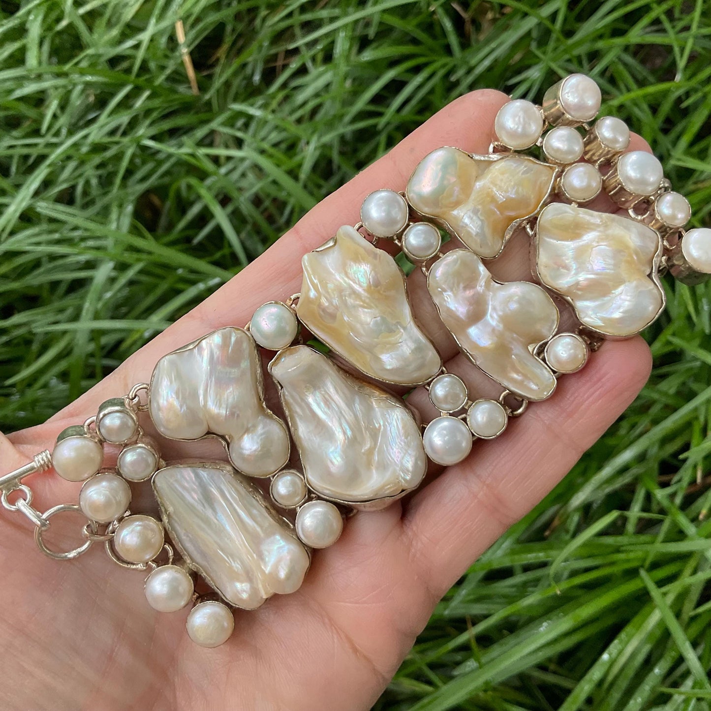 sterling silver statement natural pearl cluster bracelet Colors Of Etnika