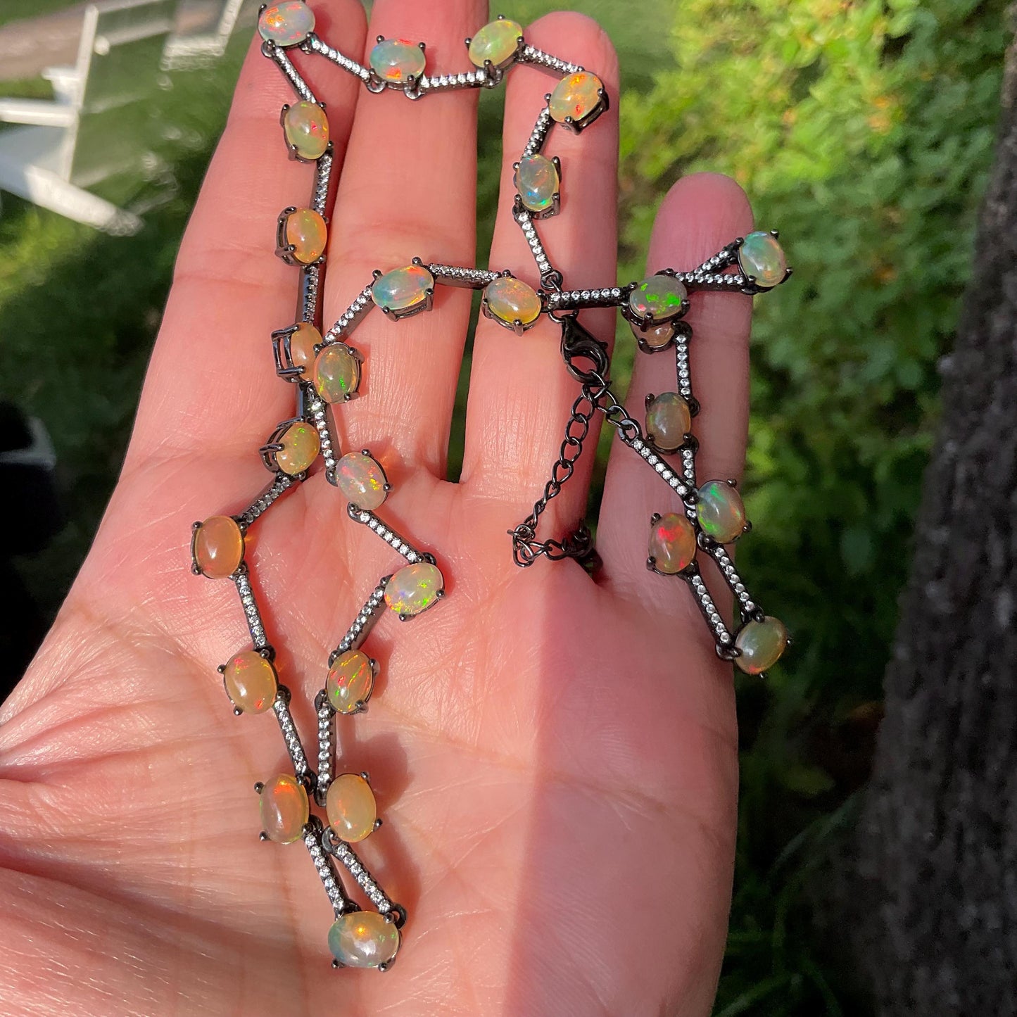 Sterling Silver rainbow natural opal Necklace Choker Colors Of Etnika
