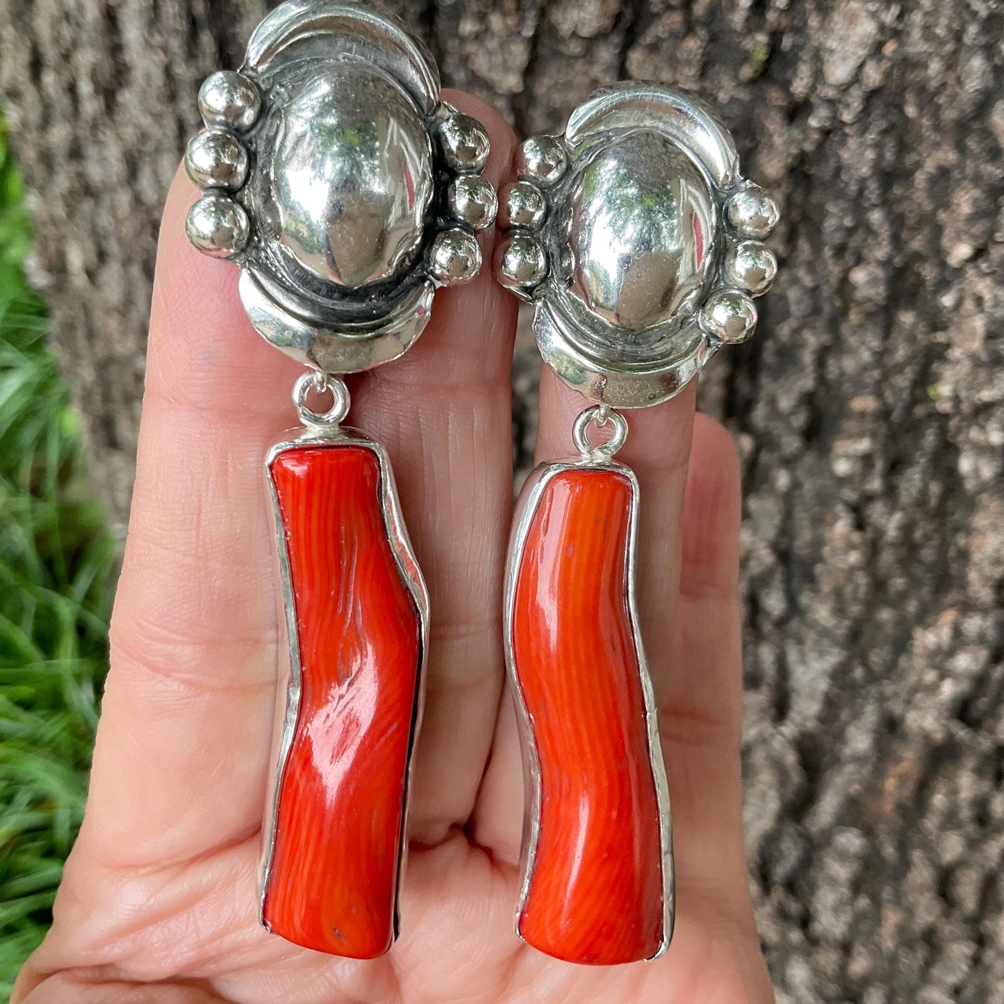 Sterling Silver statement red coral long earrings Colors Of Etnika