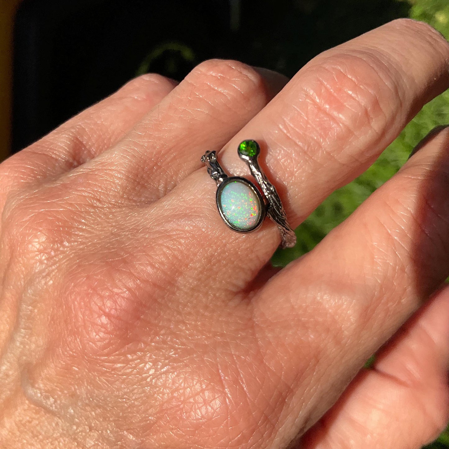 Sterling Silver Natural rainbow opal dainty twig ring 6 Colors Of Etnika