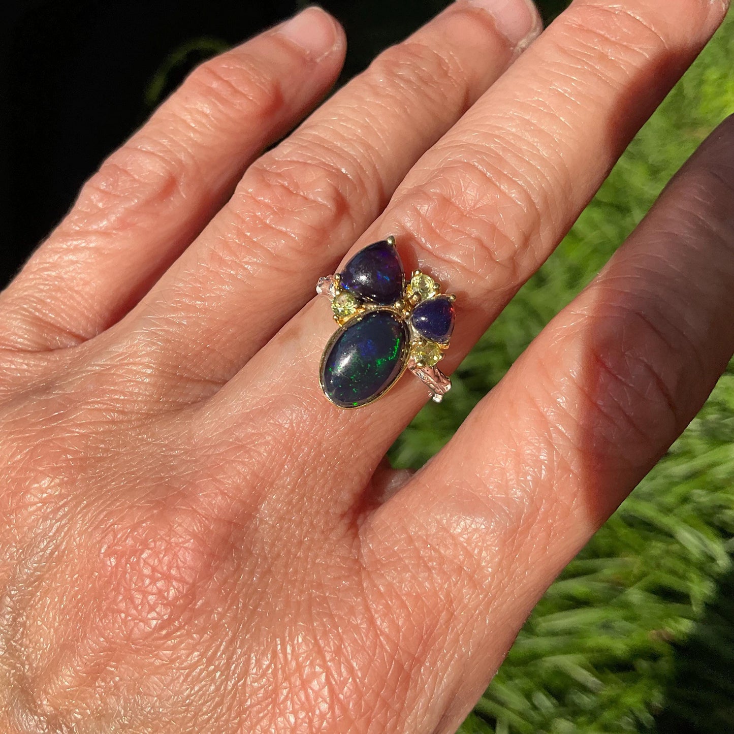 Natural black fire opal peridot Sterling Silver Ring 7 Colors Of Etnika