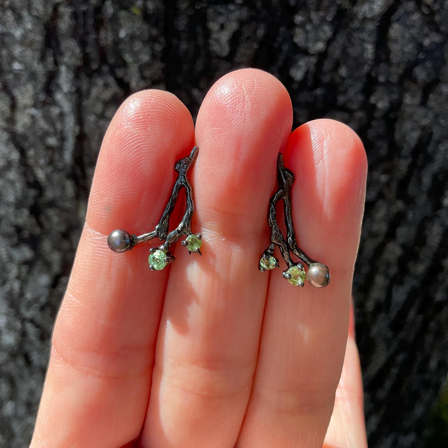Sterling Silver twig black pearl dainty peridot earrings Colors Of Etnika