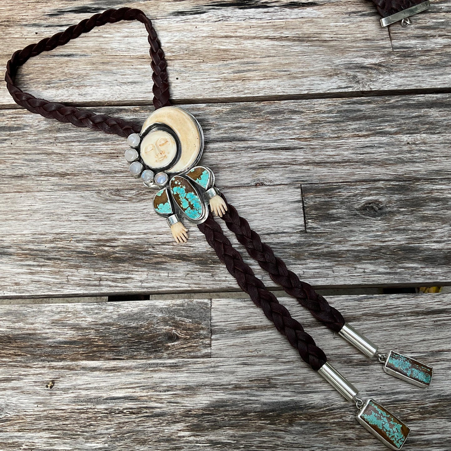 Sterling silver turquoise man on the moon art oversize bolo tie necklace Colors Of Etnika