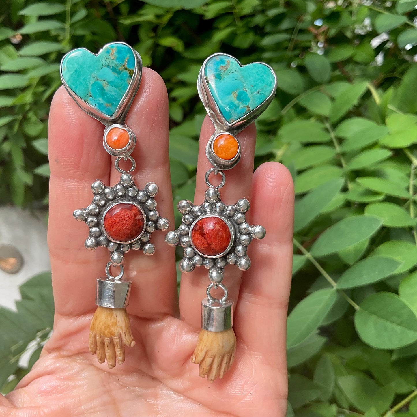 Sterling Silver turquoise coral whimsical hand dangle earrings Colors Of Etnika