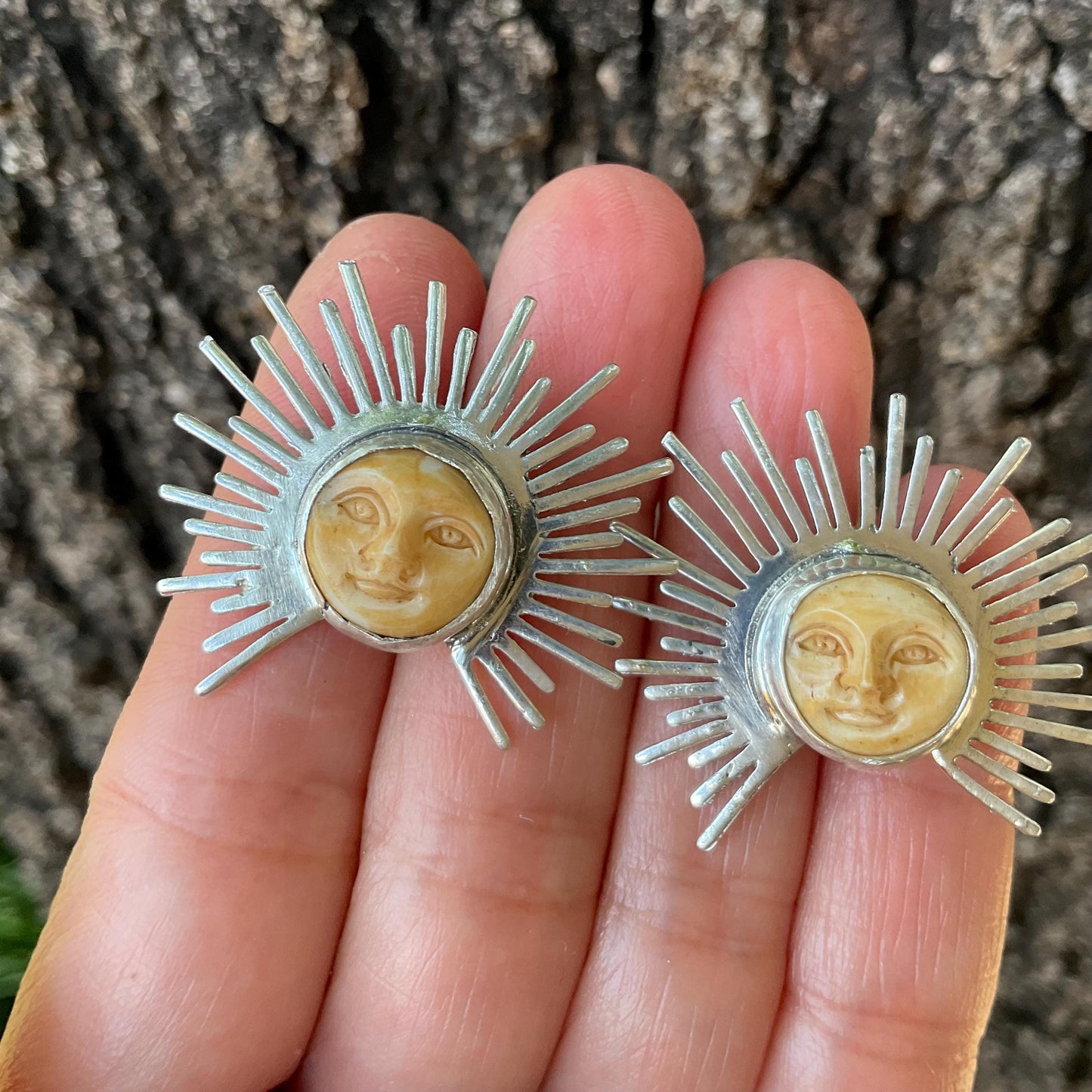 Sterling Silver carved sunburst face post earrings Colors Of Etnika