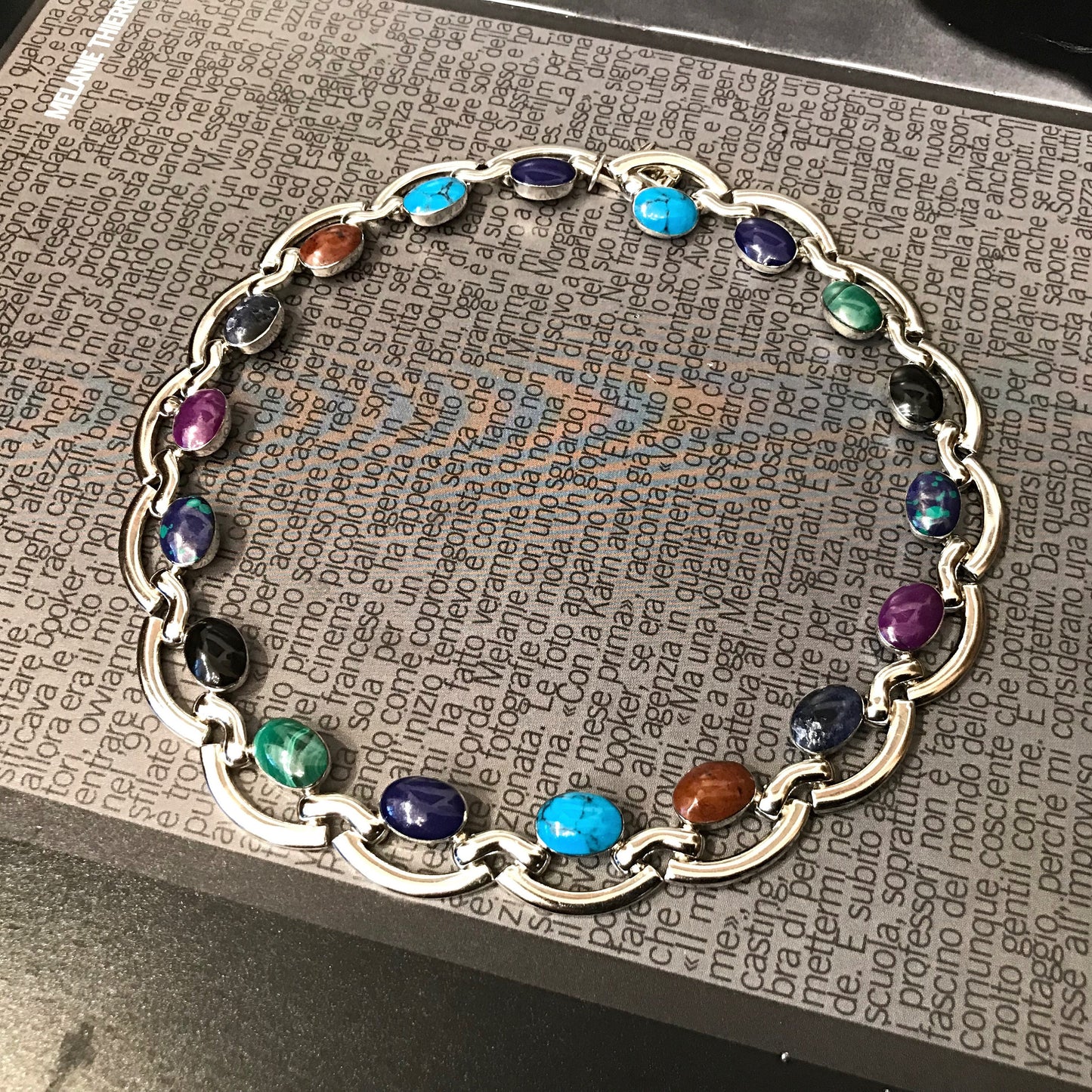 Sterling silver Multi Gemstone Turquoise Onyx Malachite Modernist necklace collar.