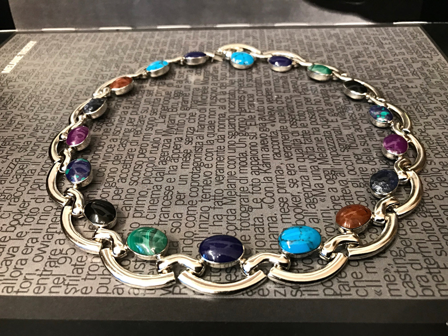 Sterling silver Multi Gemstone Turquoise Onyx Malachite Modernist necklace collar.