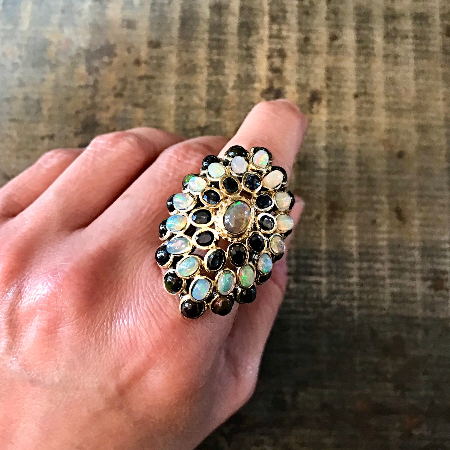 Handmade Sterling Silver Gold Rainbow Fire Natural Opal blue topaz Art Deco Huge statement artisan ring 6.5